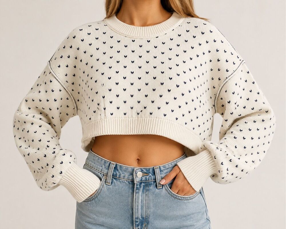 Free People XS Ivory Navy Dot Cropped Knit Sweater Balloon Sleeve Pullover